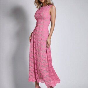Pink Elegant Women's Lace Sleeveless Midi Dress
